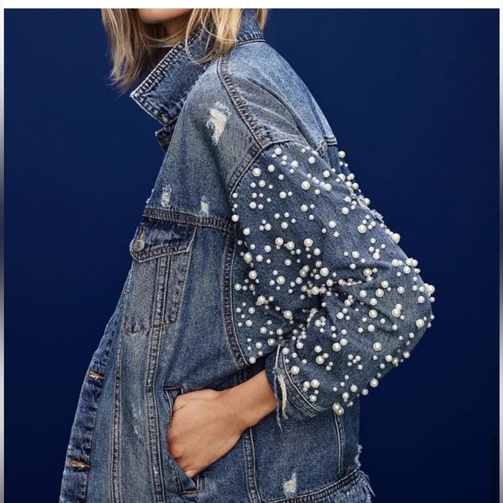 Pearl-Embellished Blue Denim Jacket - Women Jean Jacket